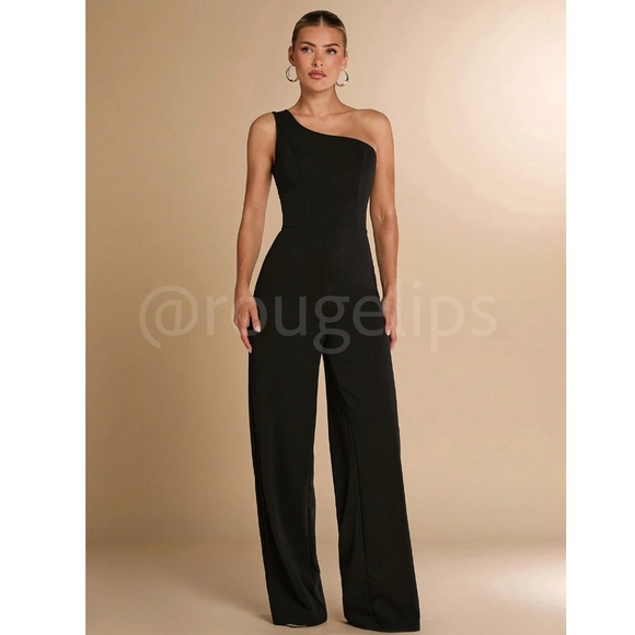 One Shoulder Black Elegant Jumpsuit High Waisted Long Wide Leg - Picture 6 of 7